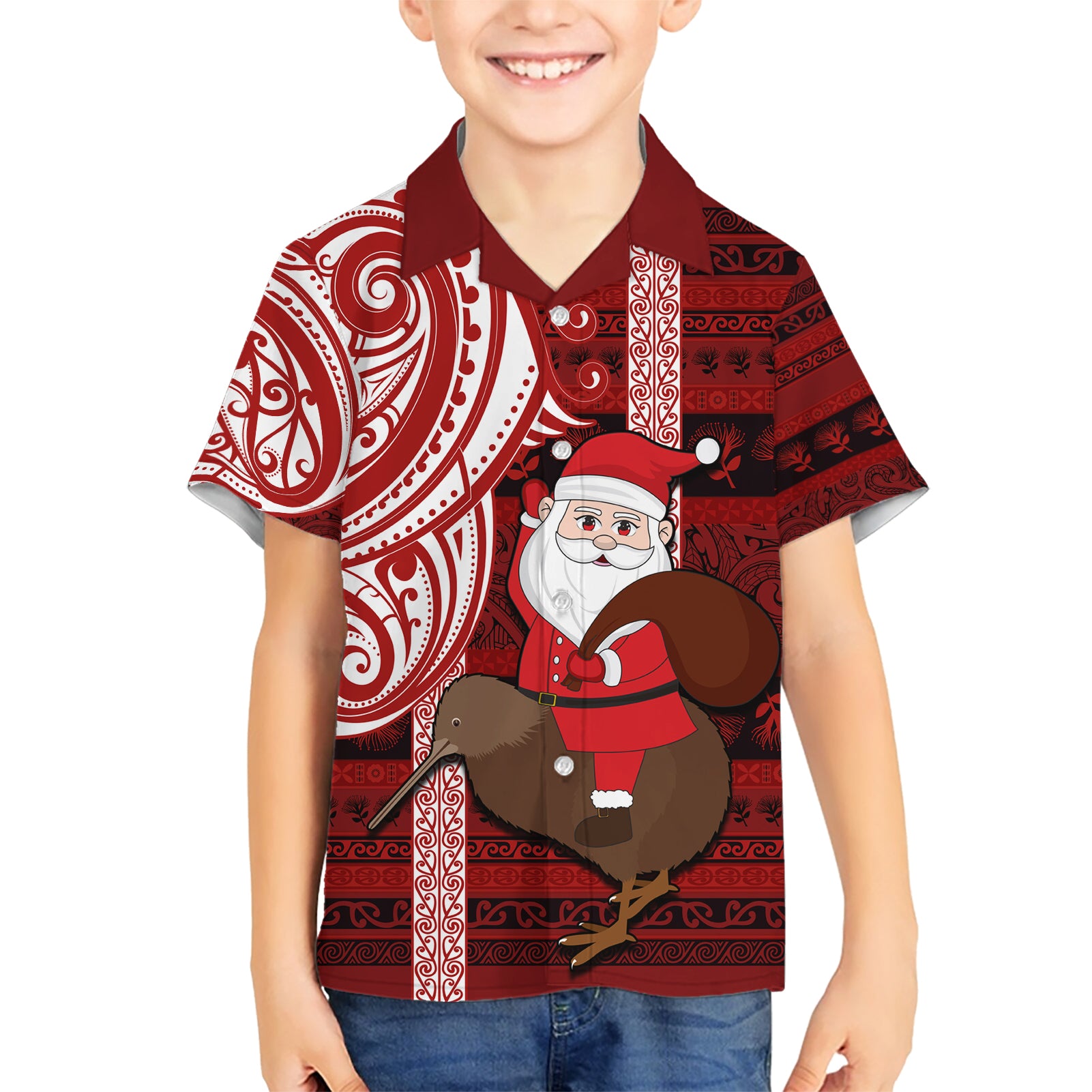 Personalized New Zealand Christmas Kid Hawaiian Shirt Santa Claus and Kiwi Bird Maori Tattoo Koru Pattern LT03 Kid Red - Polynesian Pride