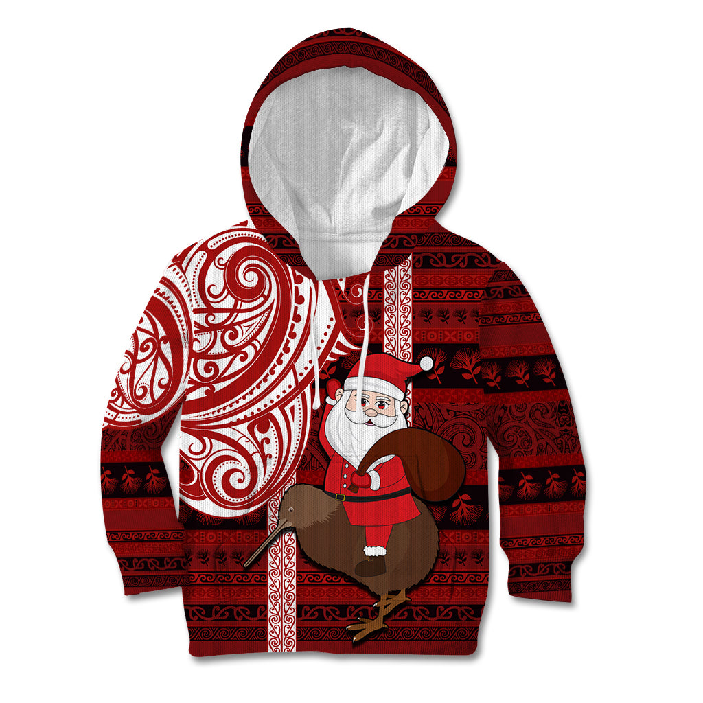 Personalized New Zealand Christmas Kid Hoodie Santa Claus and Kiwi Bird Maori Tattoo Koru Pattern LT03 Hoodie Red - Polynesian Pride