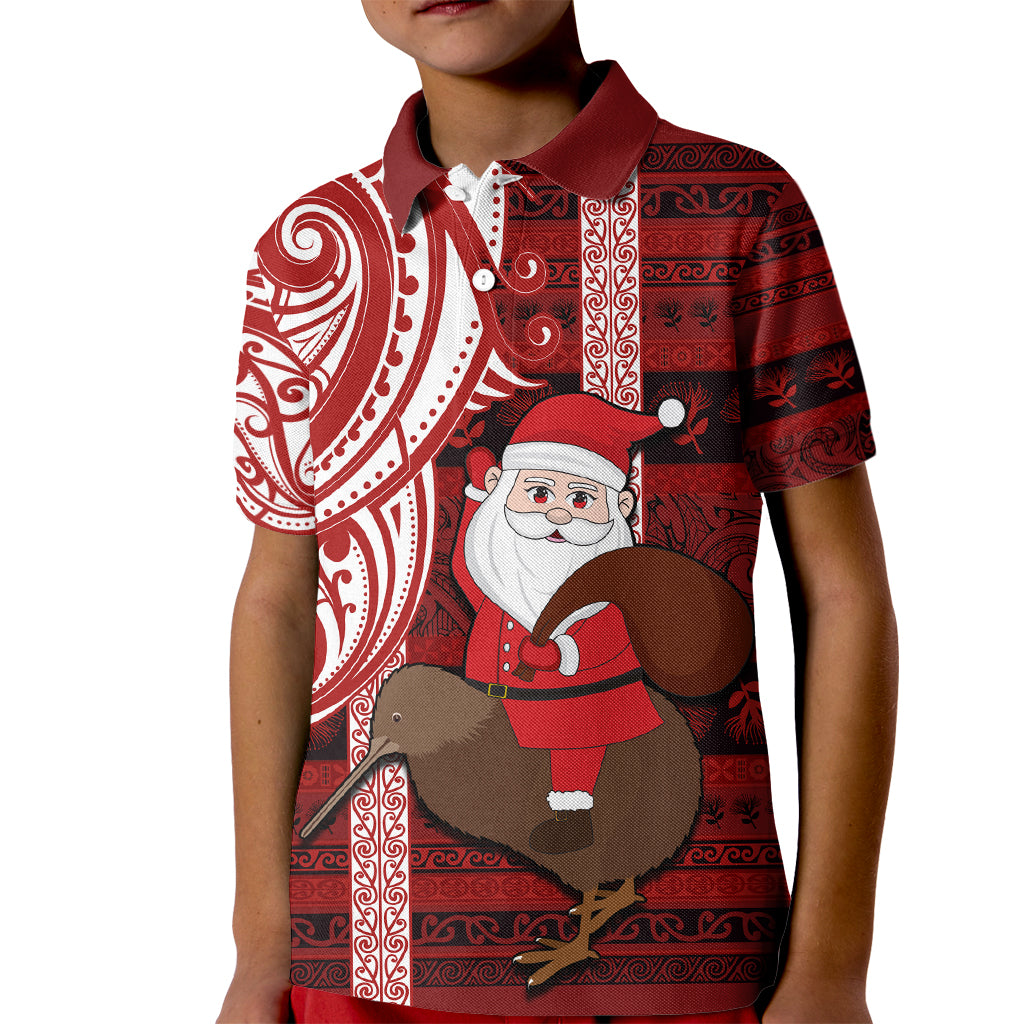 Personalized New Zealand Christmas Kid Polo Shirt Santa Claus and Kiwi Bird Maori Tattoo Koru Pattern LT03 Kid Red - Polynesian Pride