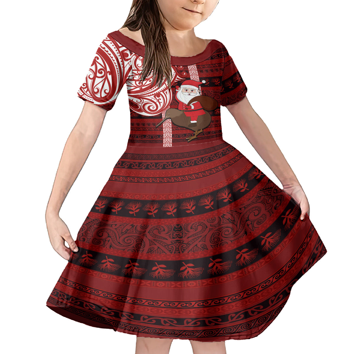 Personalized New Zealand Christmas Kid Short Sleeve Dress Santa Claus and Kiwi Bird Maori Tattoo Koru Pattern LT03 KID Red - Polynesian Pride