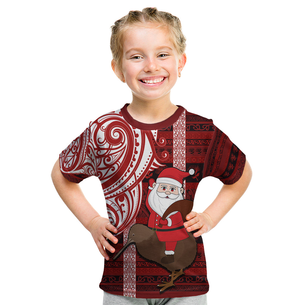 Personalized New Zealand Christmas Kid T Shirt Santa Claus and Kiwi Bird Maori Tattoo Koru Pattern LT03 Red - Polynesian Pride