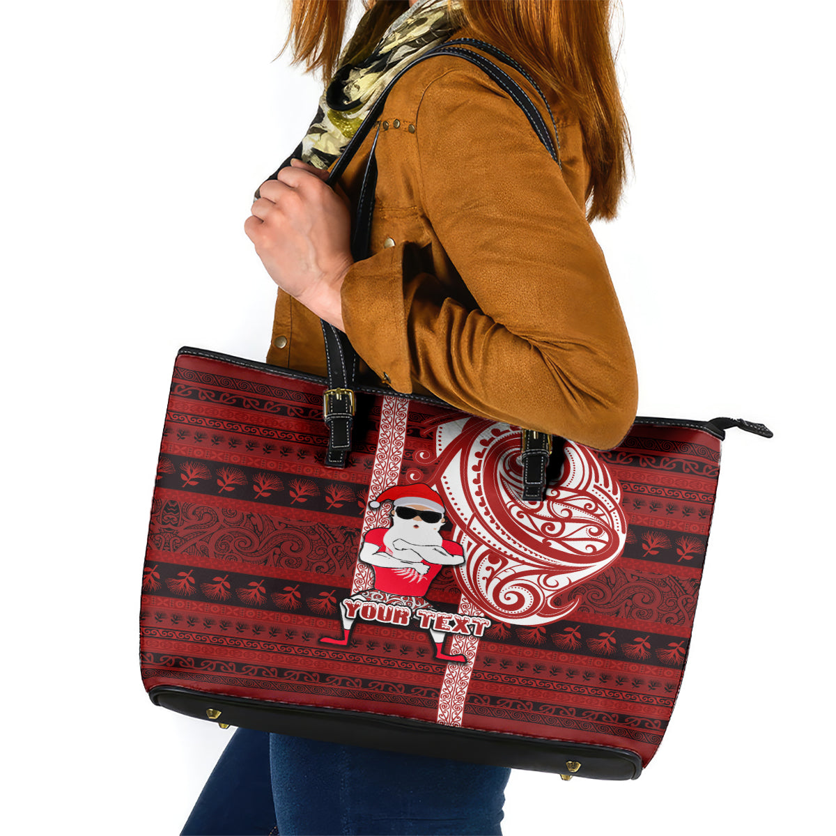 Personalized New Zealand Christmas Leather Tote Bag Santa Claus and Kiwi Bird Maori Tattoo Koru Pattern LT03 Red - Polynesian Pride