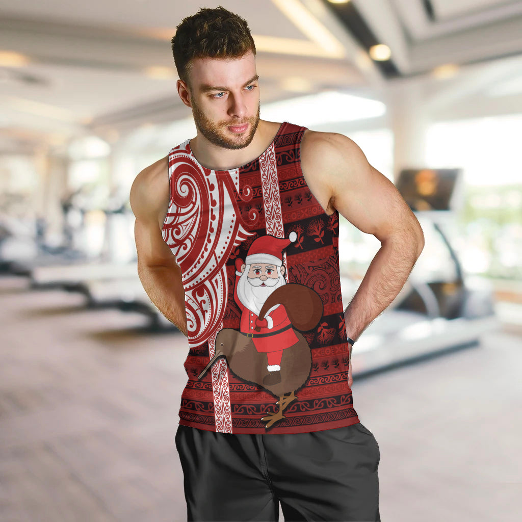 Personalized New Zealand Christmas Men Tank Top Santa Claus and Kiwi Bird Maori Tattoo Koru Pattern LT03 Red - Polynesian Pride