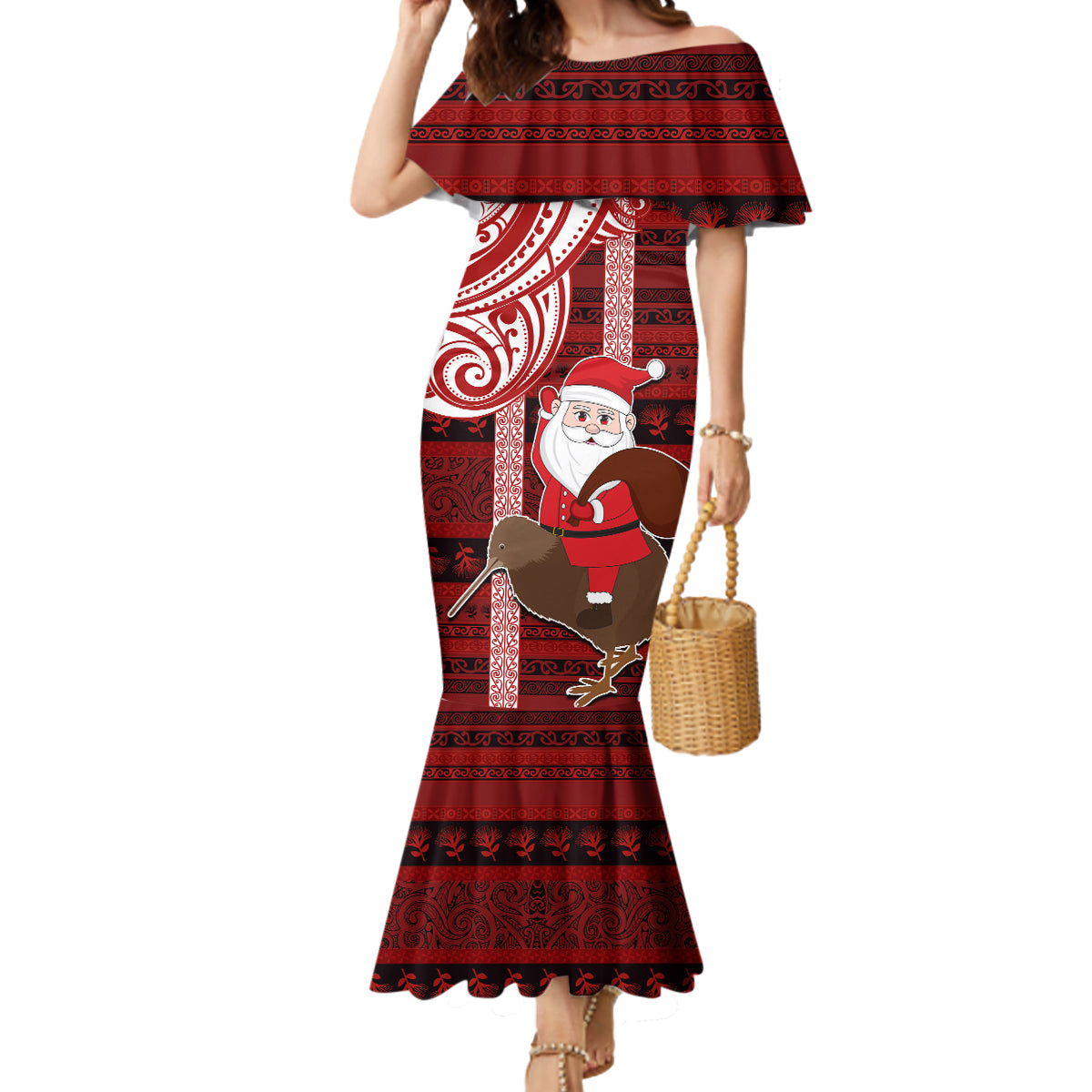 Personalized New Zealand Christmas Mermaid Dress Santa Claus and Kiwi Bird Maori Tattoo Koru Pattern LT03 Women Red - Polynesian Pride