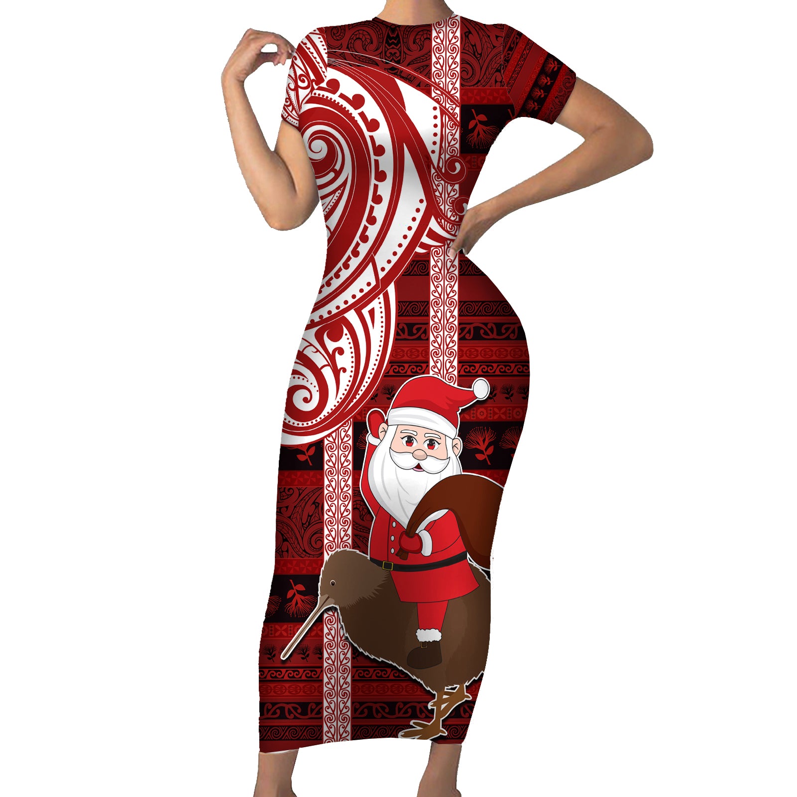 Personalized New Zealand Christmas Short Sleeve Bodycon Dress Santa Claus and Kiwi Bird Maori Tattoo Koru Pattern LT03 Long Dress Red - Polynesian Pride