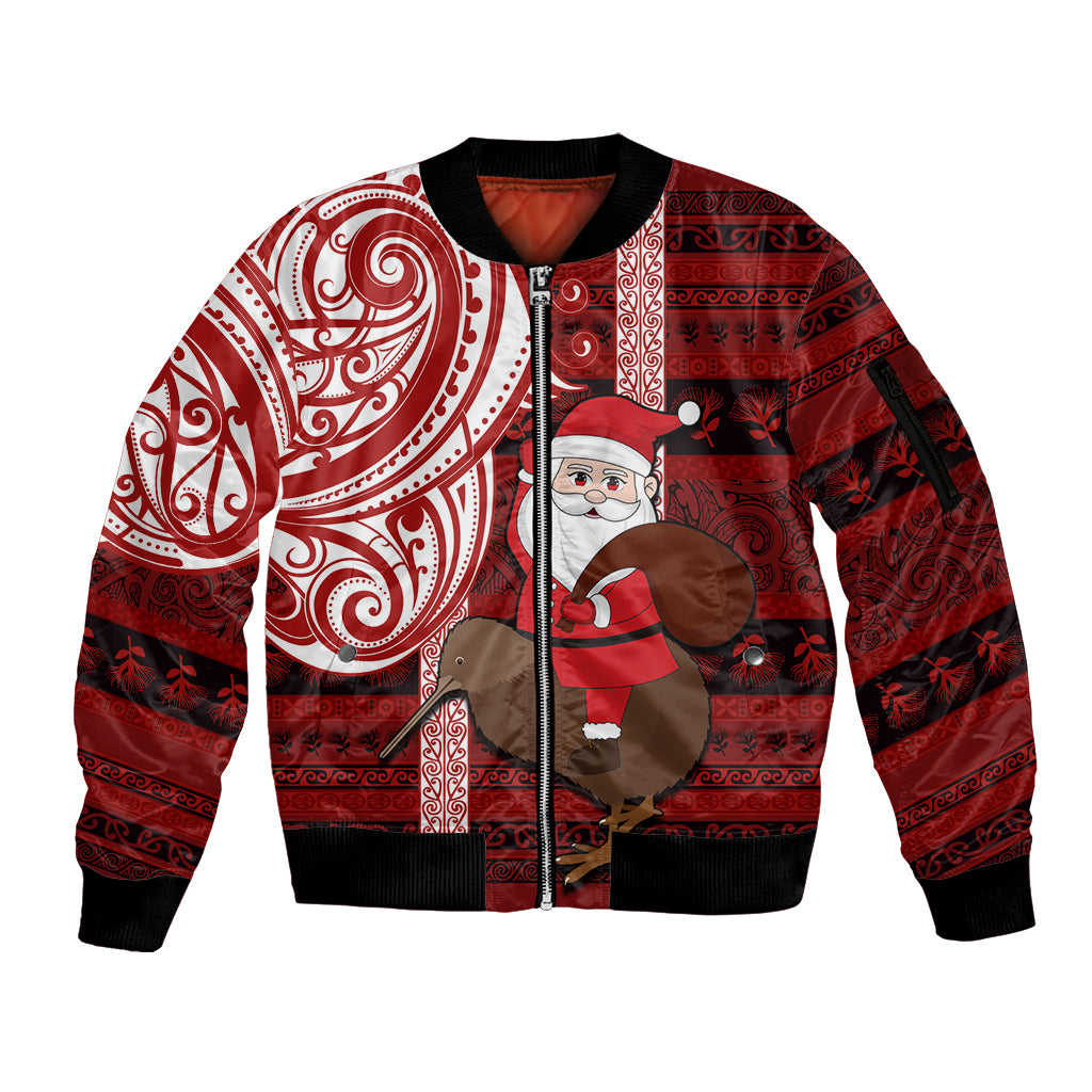 Personalized New Zealand Christmas Sleeve Zip Bomber Jacket Santa Claus and Kiwi Bird Maori Tattoo Koru Pattern LT03 Unisex Red - Polynesian Pride