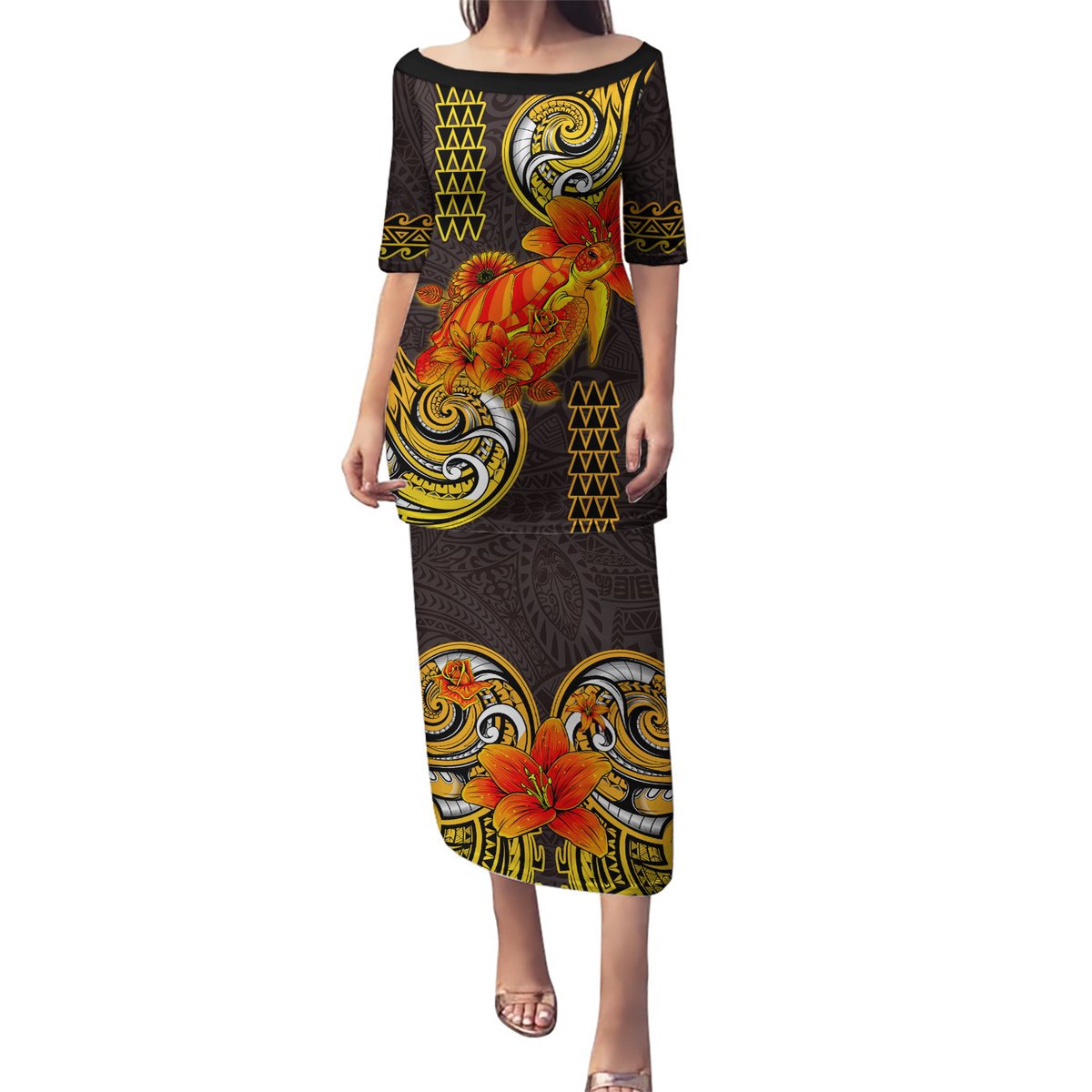 Hawaii Turtle Hibiscus Flower Puletasi Polynesian Tattoo LT03 Long Dress Black - Polynesian Pride