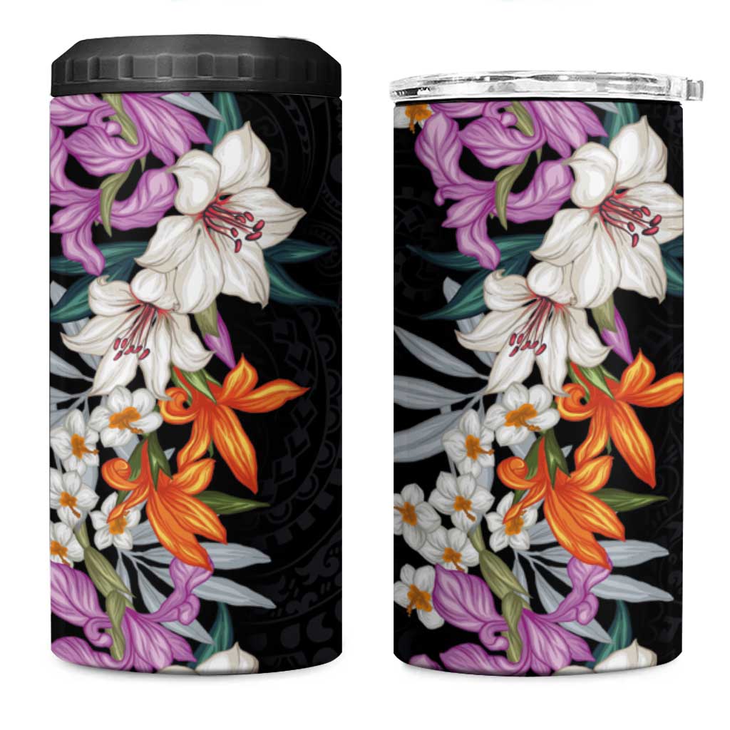 Hawaii Tropical Leaves and Flowers 4 in 1 Can Cooler Tumbler Tribal Polynesian Pattern LT03 One Size: 16 oz Black - Polynesian Pride
