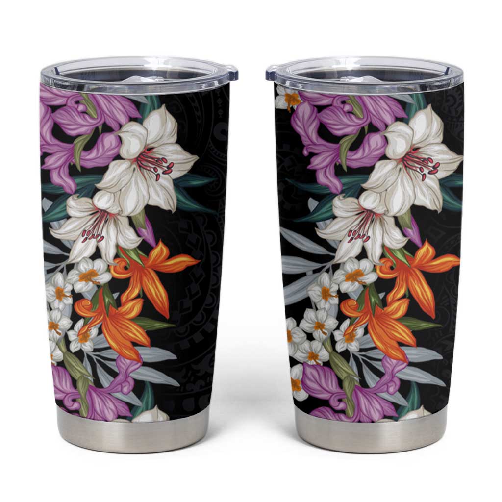 Hawaii Tropical Leaves and Flowers Tumbler Cup Tribal Polynesian Pattern LT03 Black - Polynesian Pride