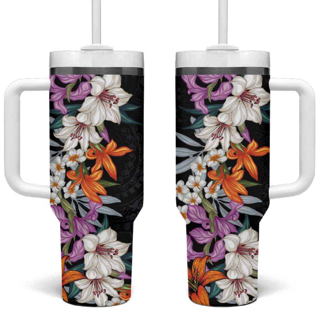 Hawaii Tropical Leaves and Flowers Tumbler With Handle Tribal Polynesian Pattern LT03 One Size: 40 oz Black - Polynesian Pride