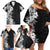 Hawaii Tropical Leaves and Flowers Family Matching Off Shoulder Short Dress and Hawaiian Shirt Tribal Polynesian Pattern Black White Style LT03 - Polynesian Pride