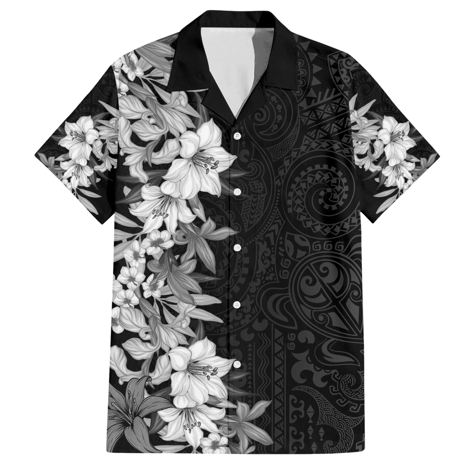 Hawaii Tropical Leaves and Flowers Hawaiian Shirt Tribal Polynesian Pattern Black White Style LT03 Black - Polynesian Pride