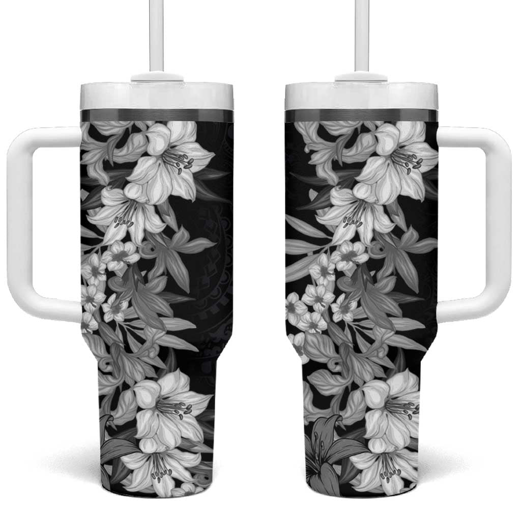Hawaii Tropical Leaves and Flowers Tumbler With Handle Tribal Polynesian Pattern Black White Style LT03 One Size: 40 oz Black - Polynesian Pride