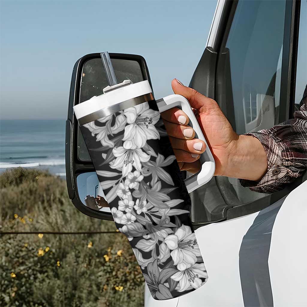 Hawaii Tropical Leaves and Flowers Tumbler With Handle Tribal Polynesian Pattern Black White Style LT03 - Polynesian Pride