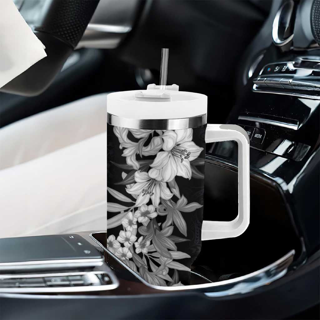 Hawaii Tropical Leaves and Flowers Tumbler With Handle Tribal Polynesian Pattern Black White Style LT03 - Polynesian Pride