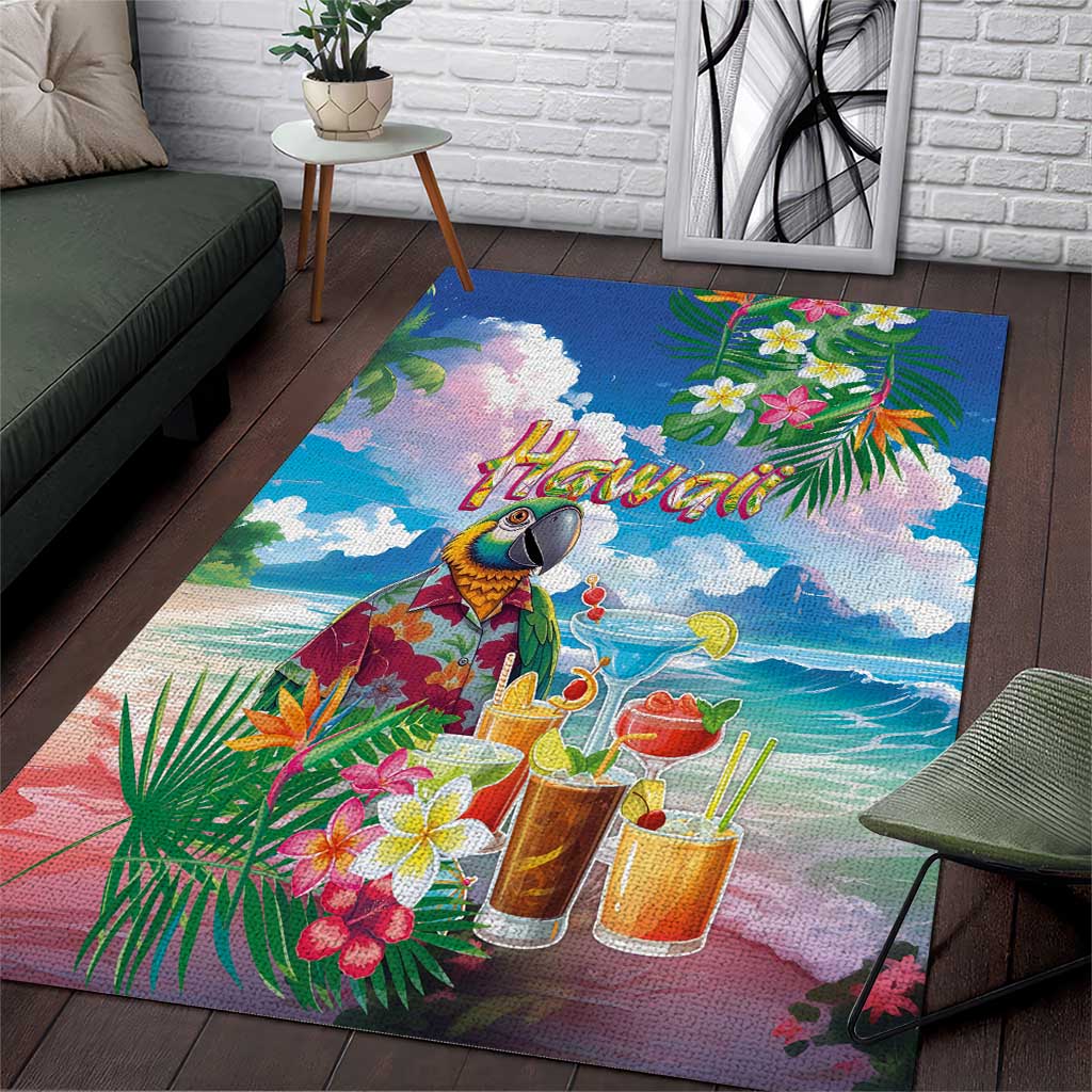 Hawaii Cocktails Area Rug Parrot with Cute Beach Landscape and Tropical Plants LT03 Pastel - Polynesian Pride