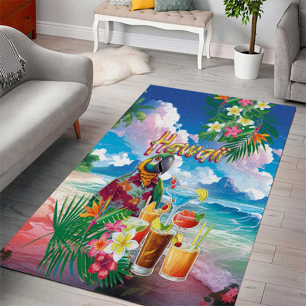 Hawaii Cocktails Area Rug Parrot with Cute Beach Landscape and Tropical Plants LT03 - Polynesian Pride
