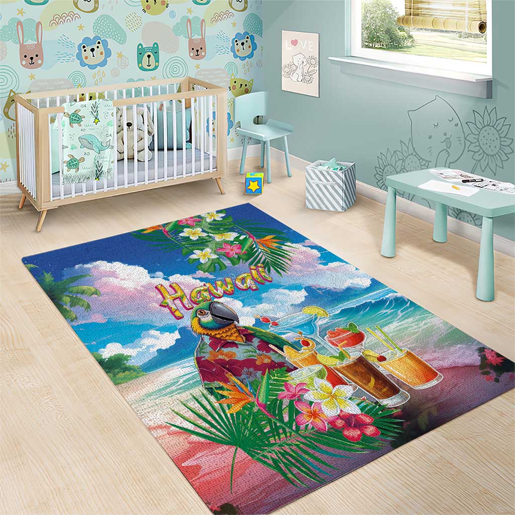 Hawaii Cocktails Area Rug Parrot with Cute Beach Landscape and Tropical Plants LT03 - Polynesian Pride
