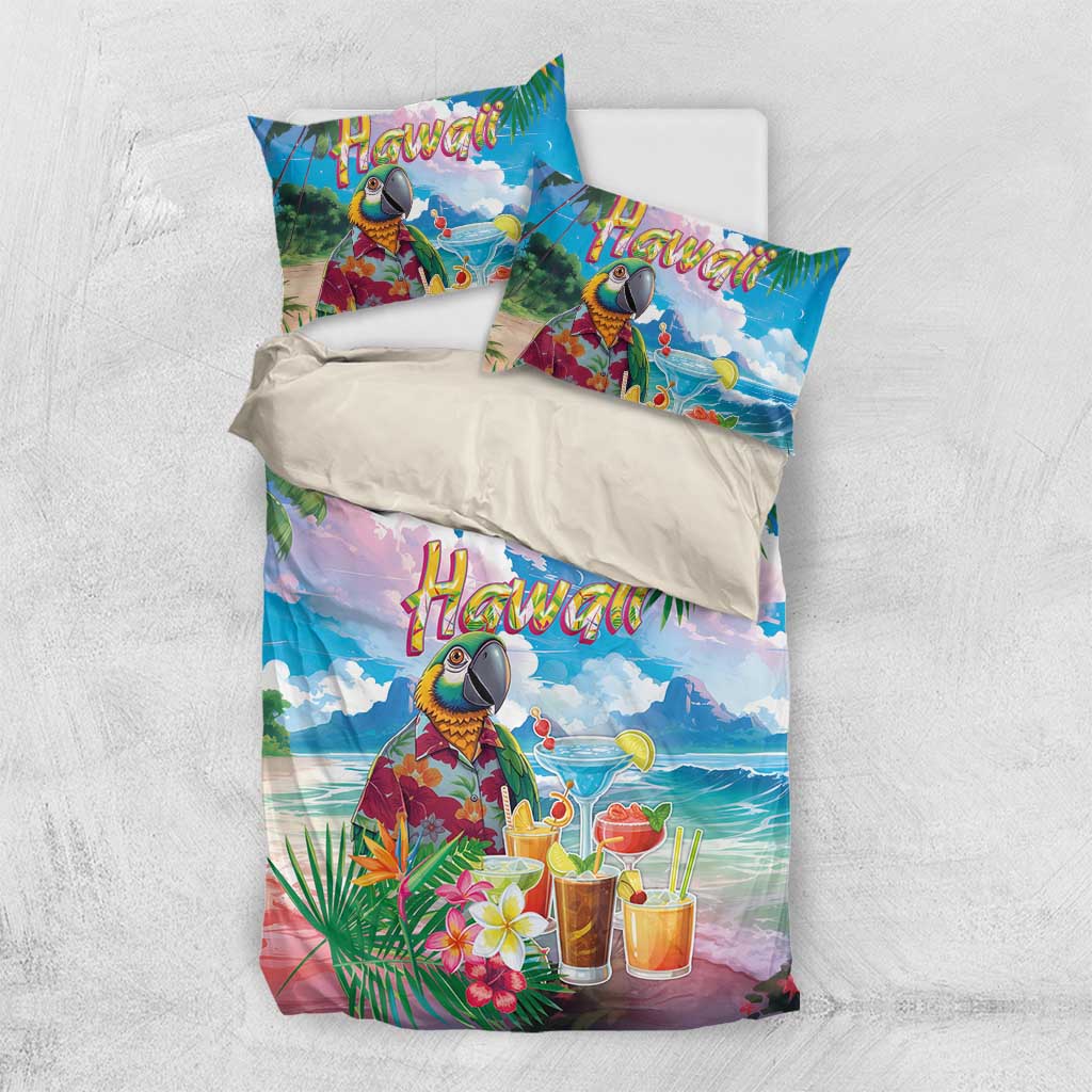 Hawaii Cocktails Bedding Set Parrot with Cute Beach Landscape and Tropical Plants LT03 US Twin 172cm x 218cm Pastel - Polynesian Pride