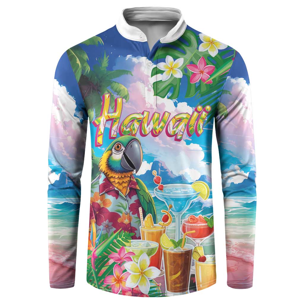 Hawaii Cocktails Button Sweatshirt Parrot with Cute Beach Landscape and Tropical Plants LT03 Pastel - Polynesian Pride
