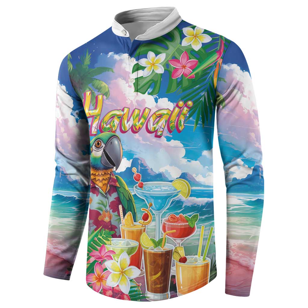 Hawaii Cocktails Button Sweatshirt Parrot with Cute Beach Landscape and Tropical Plants LT03 - Polynesian Pride