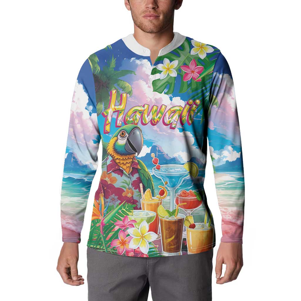 Hawaii Cocktails Button Sweatshirt Parrot with Cute Beach Landscape and Tropical Plants LT03 - Polynesian Pride