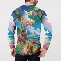 Hawaii Cocktails Button Sweatshirt Parrot with Cute Beach Landscape and Tropical Plants LT03 - Polynesian Pride