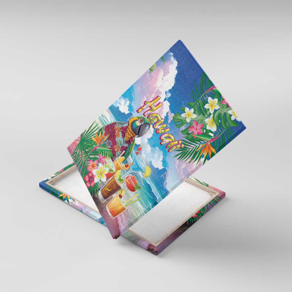Hawaii Cocktails Canvas Wall Art Parrot with Cute Beach Landscape and Tropical Plants LT03 With Frame Pastel - Polynesian Pride