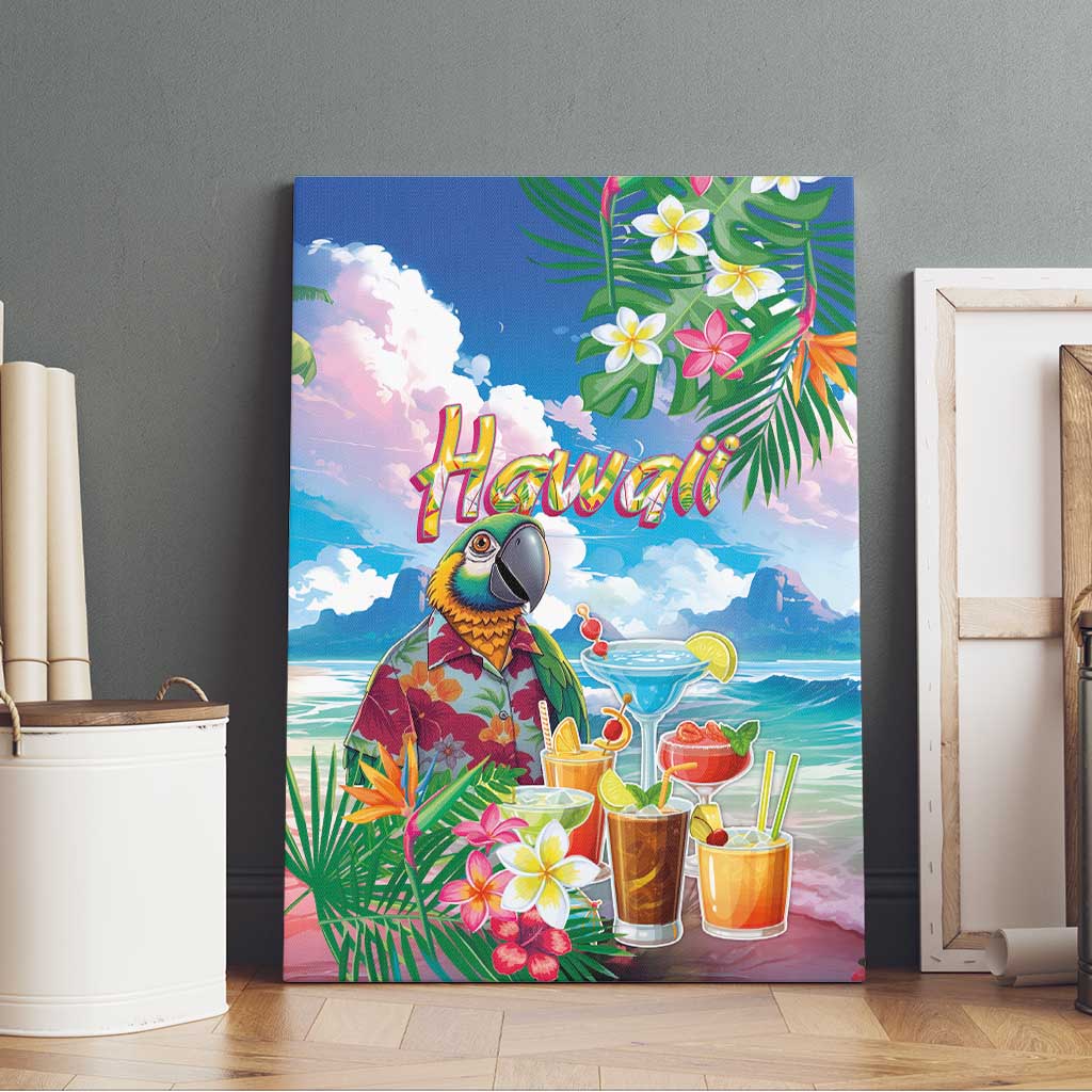Hawaii Cocktails Canvas Wall Art Parrot with Cute Beach Landscape and Tropical Plants LT03 - Polynesian Pride