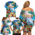 Hawaii Cocktails Family Matching Off Shoulder Short Dress and Hawaiian Shirt Parrot with Cute Beach Landscape and Tropical Plants