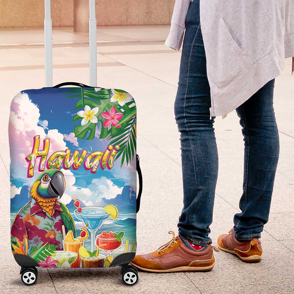 Hawaii Cocktails Luggage Cover Parrot with Cute Beach Landscape and Tropical Plants