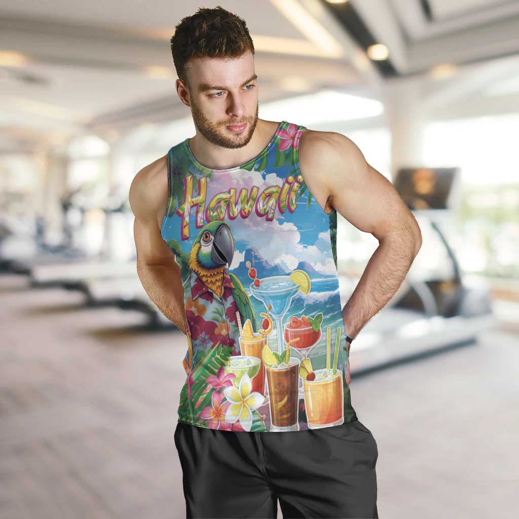 Hawaii Cocktails Men Tank Top Parrot with Cute Beach Landscape and Tropical Plants