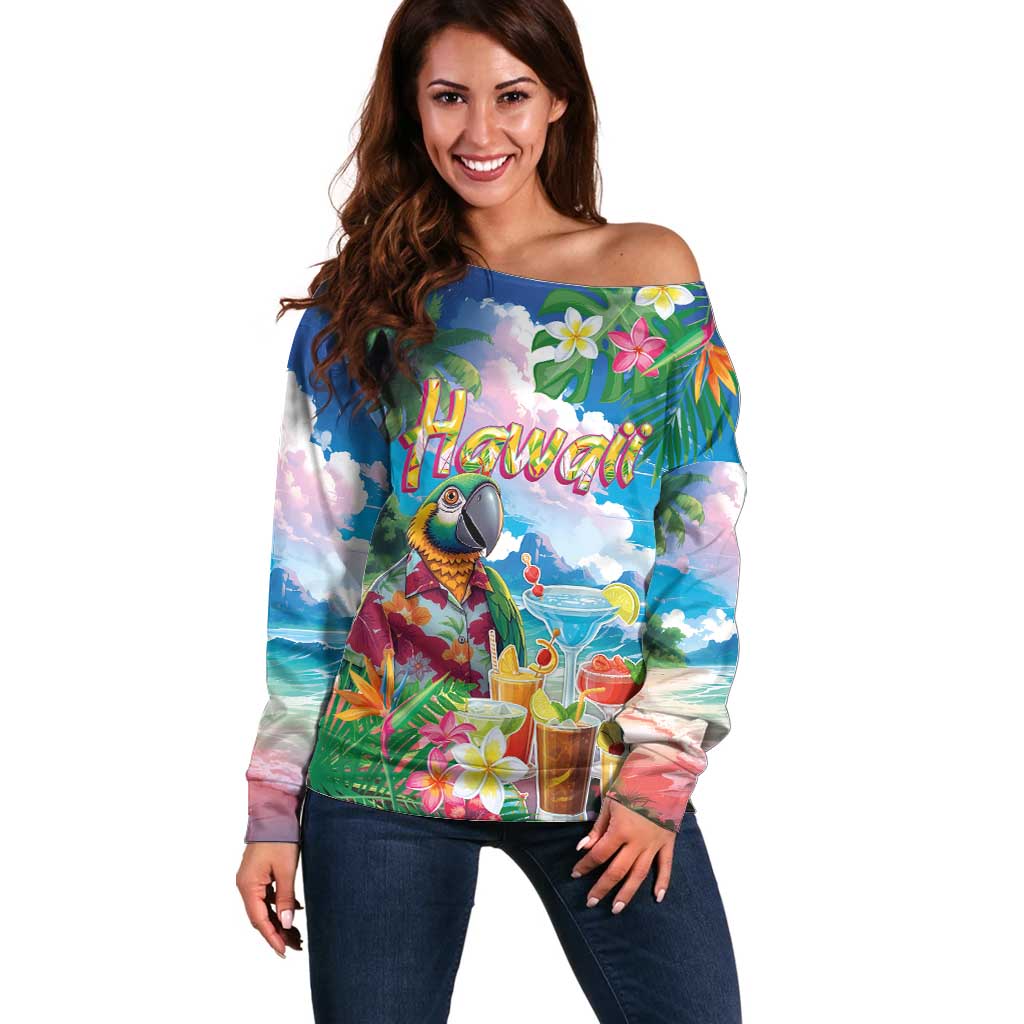 Hawaii Cocktails Off Shoulder Sweater Parrot with Cute Beach Landscape and Tropical Plants LT03 Women Pastel - Polynesian Pride