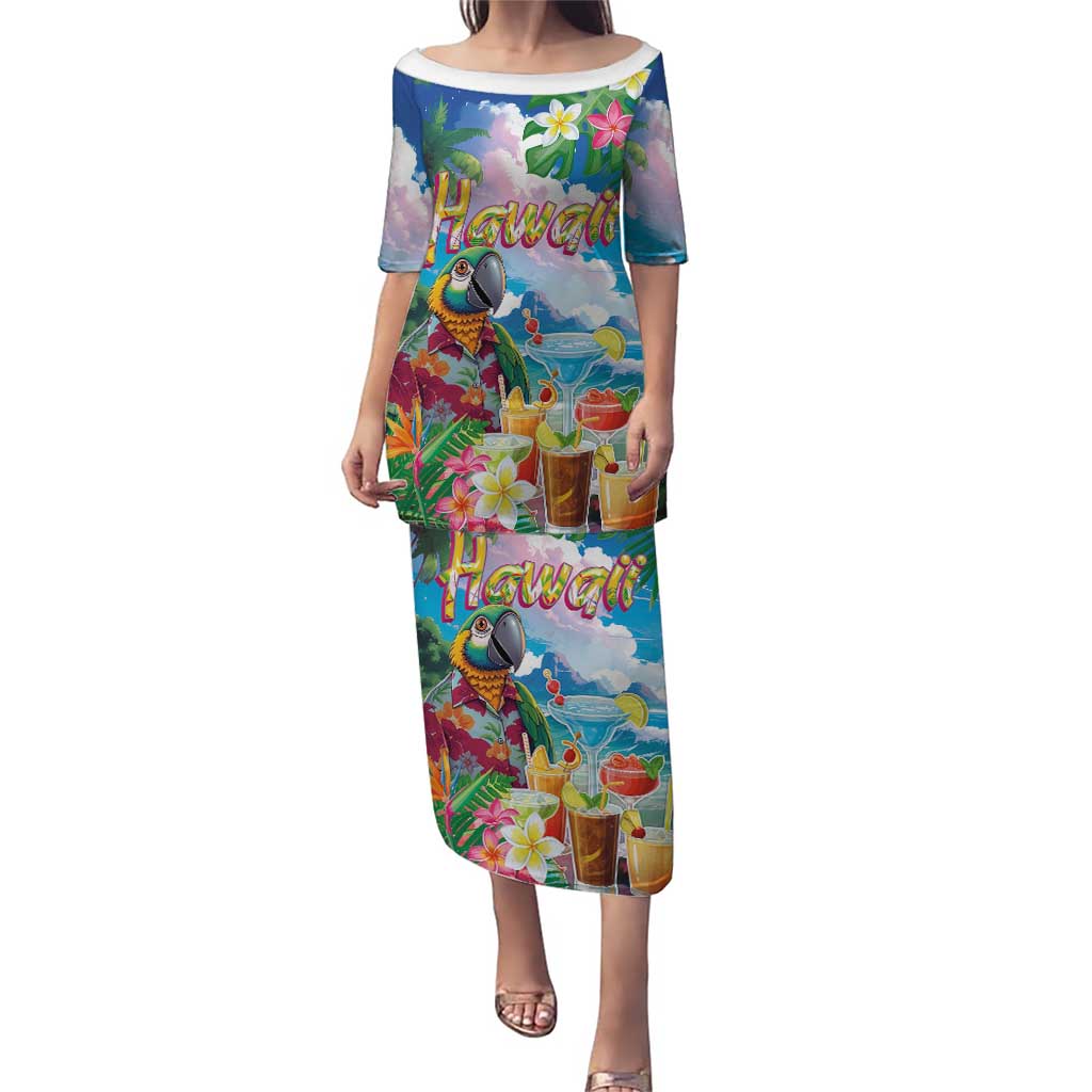 Hawaii Cocktails Puletasi Parrot with Cute Beach Landscape and Tropical Plants LT03 Long Dress Pastel - Polynesian Pride