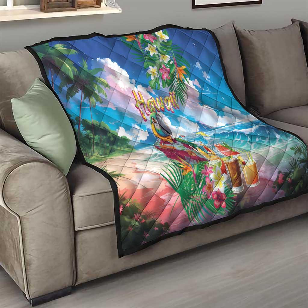 Hawaii Cocktails Quilt Parrot with Cute Beach Landscape and Tropical Plants LT03 - Polynesian Pride