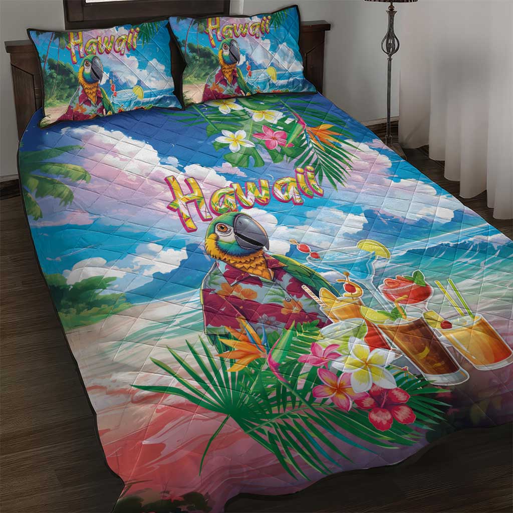 Hawaii Cocktails Quilt Bed Set Parrot with Cute Beach Landscape and Tropical Plants LT03 Pastel - Polynesian Pride