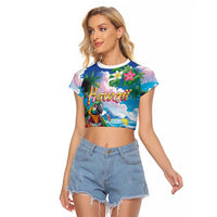 Hawaii Cocktails Raglan Cropped T Shirt Parrot with Cute Beach Landscape and Tropical Plants LT03 Female Pastel - Polynesian Pride