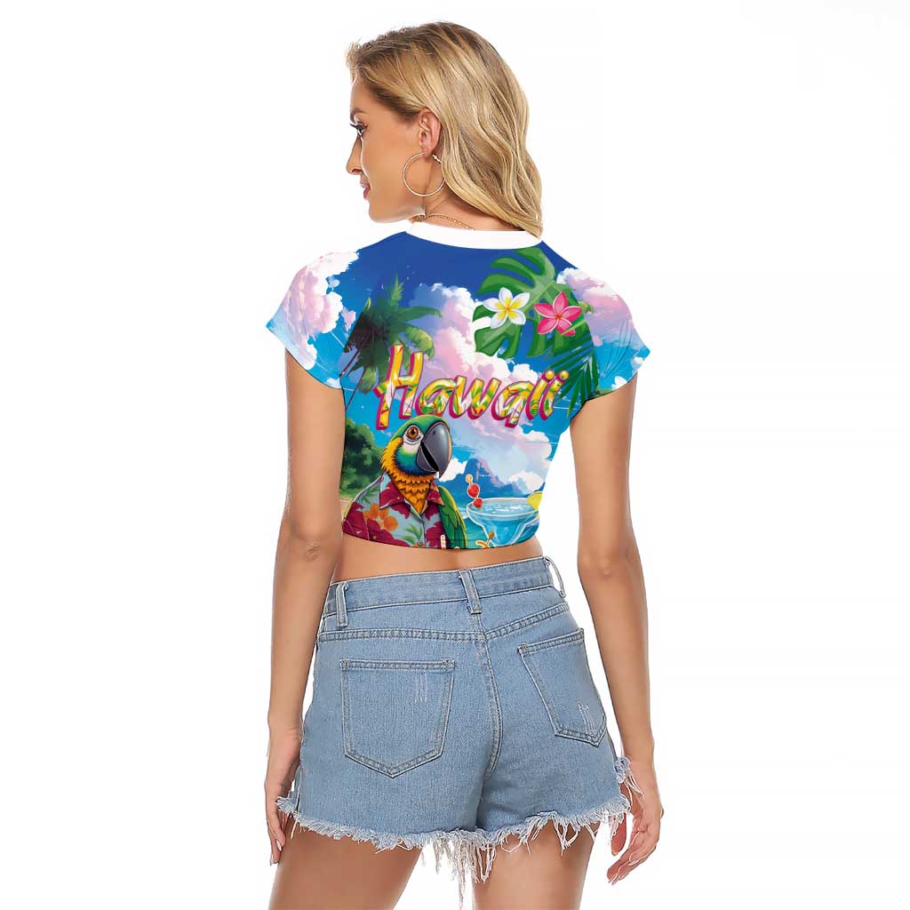 Hawaii Cocktails Raglan Cropped T Shirt Parrot with Cute Beach Landscape and Tropical Plants LT03 - Polynesian Pride