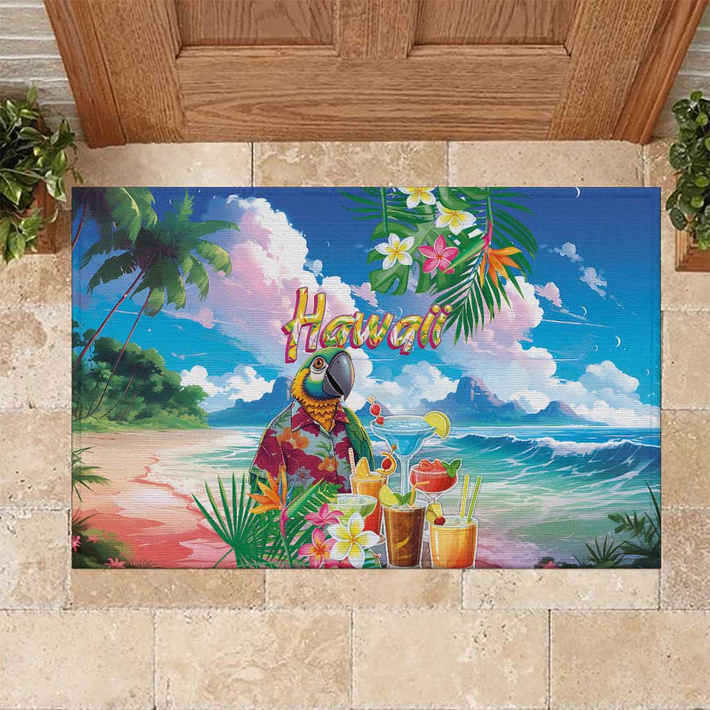 Hawaii Cocktails Rubber Doormat Parrot with Cute Beach Landscape and Tropical Plants LT03 Pastel - Polynesian Pride