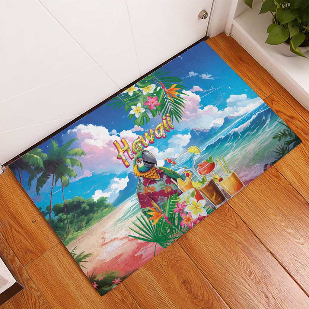 Hawaii Cocktails Rubber Doormat Parrot with Cute Beach Landscape and Tropical Plants LT03 - Polynesian Pride
