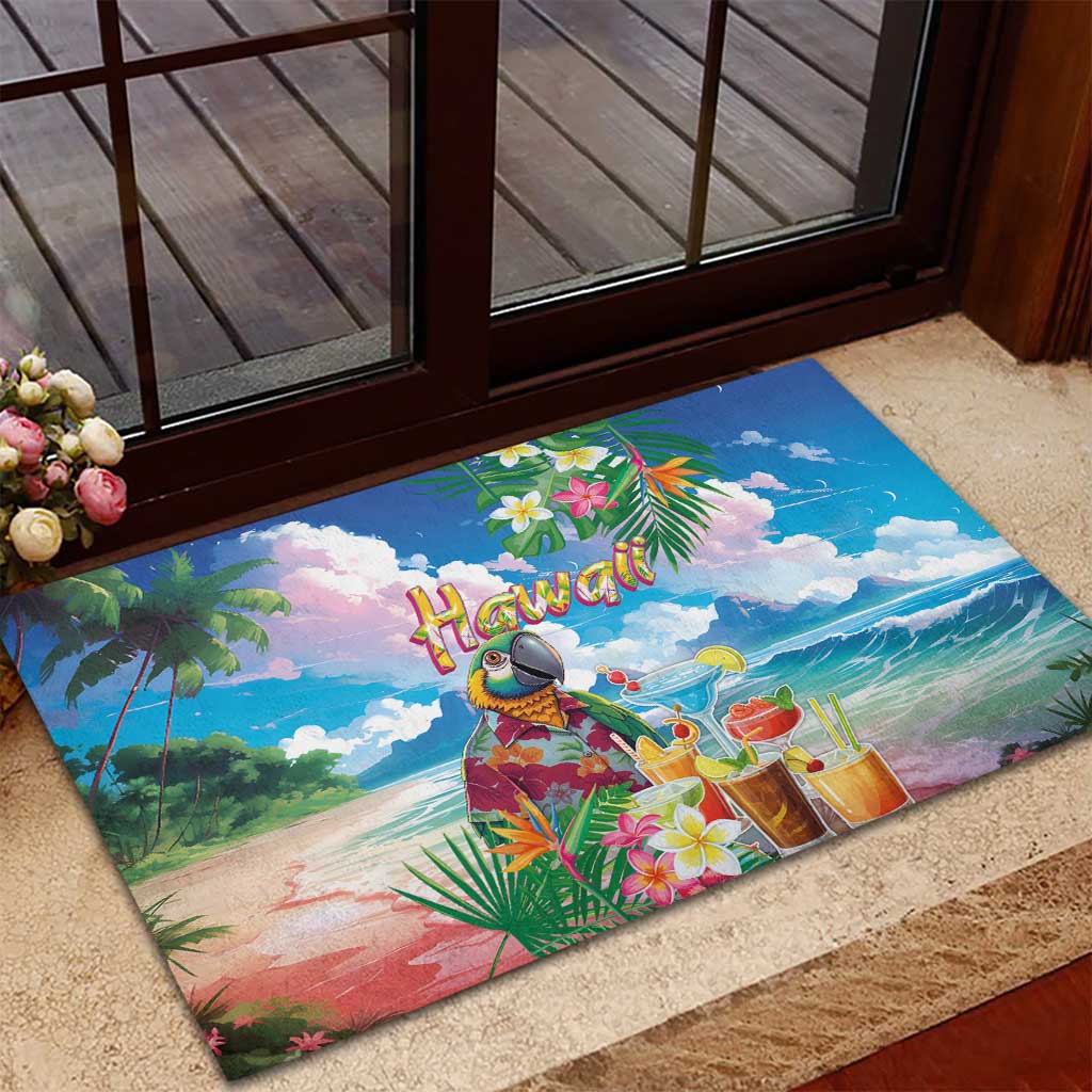Hawaii Cocktails Rubber Doormat Parrot with Cute Beach Landscape and Tropical Plants LT03 - Polynesian Pride