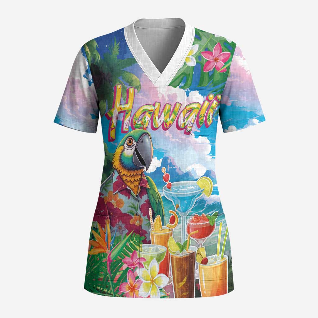 Hawaii Cocktails Scrub Top Parrot with Cute Beach Landscape and Tropical Plants LT03 Adult Pastel - Polynesian Pride