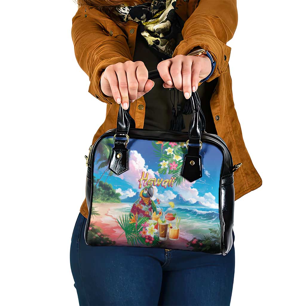 Hawaii Cocktails Shoulder Handbag Parrot with Cute Beach Landscape and Tropical Plants LT03 One Size Pastel - Polynesian Pride