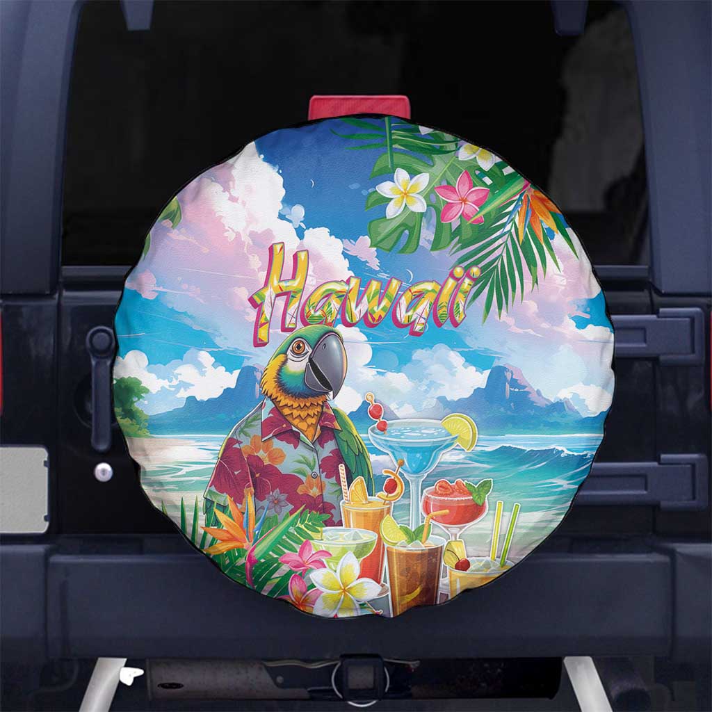 Hawaii Cocktails Spare Tire Cover Parrot with Cute Beach Landscape and Tropical Plants LT03 No hole Pastel - Polynesian Pride