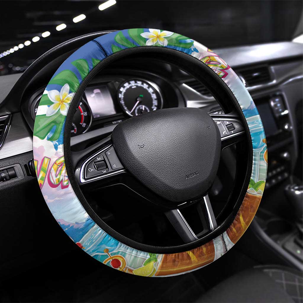 Hawaii Cocktails Steering Wheel Cover Parrot with Cute Beach Landscape and Tropical Plants LT03 Universal Fit Pastel - Polynesian Pride