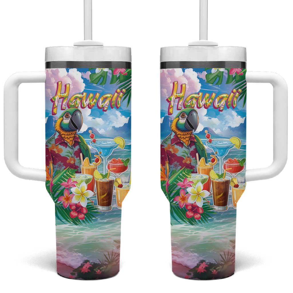 Hawaii Cocktails Tumbler With Handle Parrot with Cute Beach Landscape and Tropical Plants LT03 One Size: 40 oz Pastel - Polynesian Pride