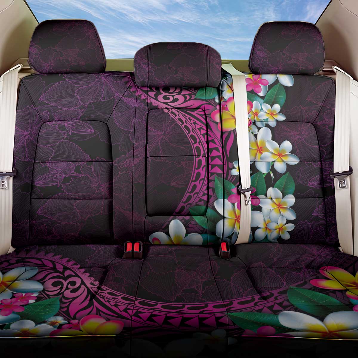Hawaiian Plumeria-Polynesian Art Tattoo Plum Pink Color Back Car Seat Cover LT03 One Size Pink - Polynesian Pride