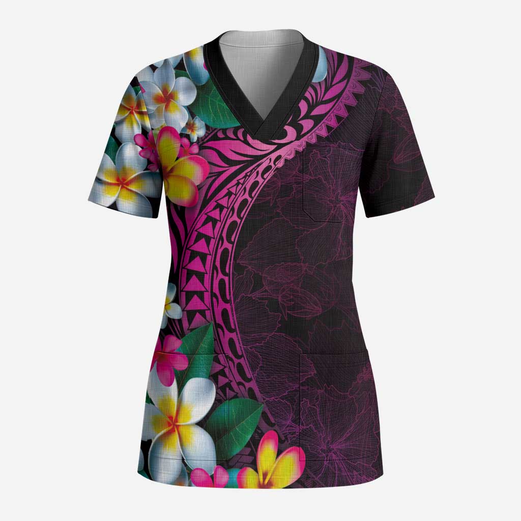 Hawaiian Plumeria-Polynesian Art Tattoo Plum Pink Color Scrub Top LT03 Adult Pink - Polynesian Pride