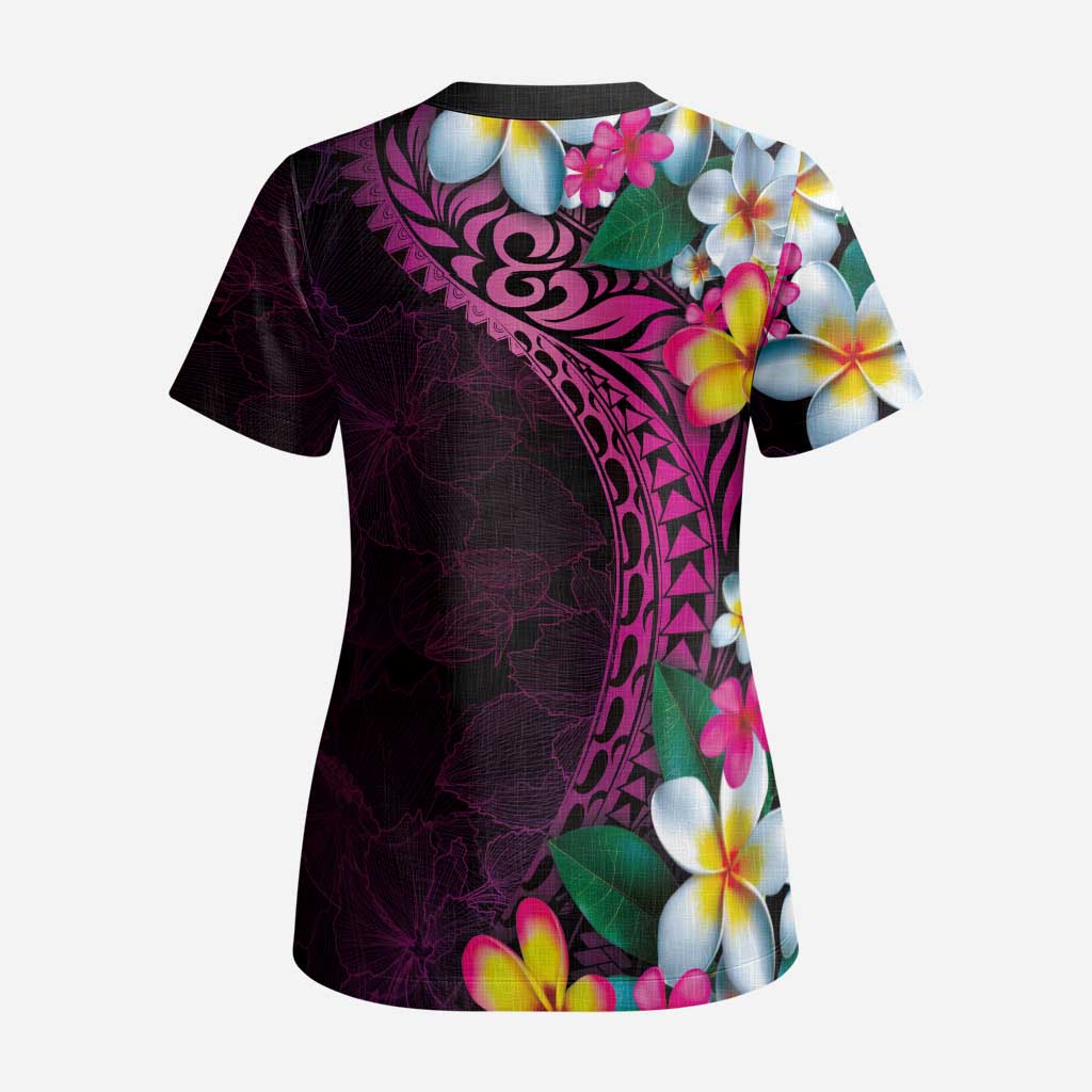 Hawaiian Plumeria-Polynesian Art Tattoo Plum Pink Color Scrub Top LT03 - Polynesian Pride