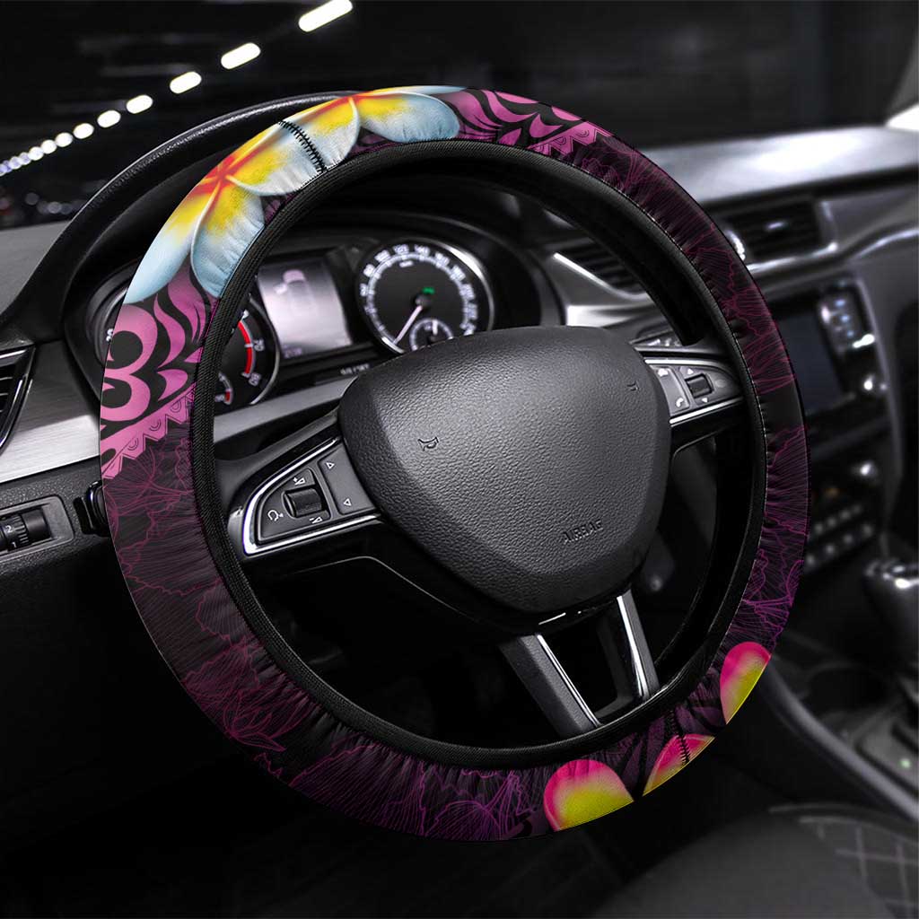 Hawaiian Plumeria-Polynesian Art Tattoo Plum Pink Color Steering Wheel Cover LT03 Universal Fit Pink - Polynesian Pride